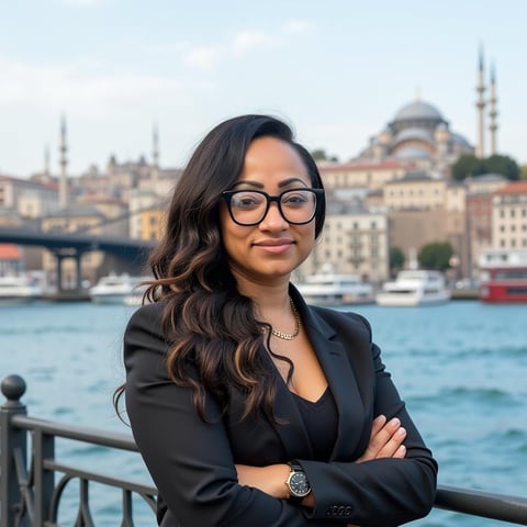 Woman wearing glasses and black blazer standing by waterfront with Istanbul cityscape and mosques in background